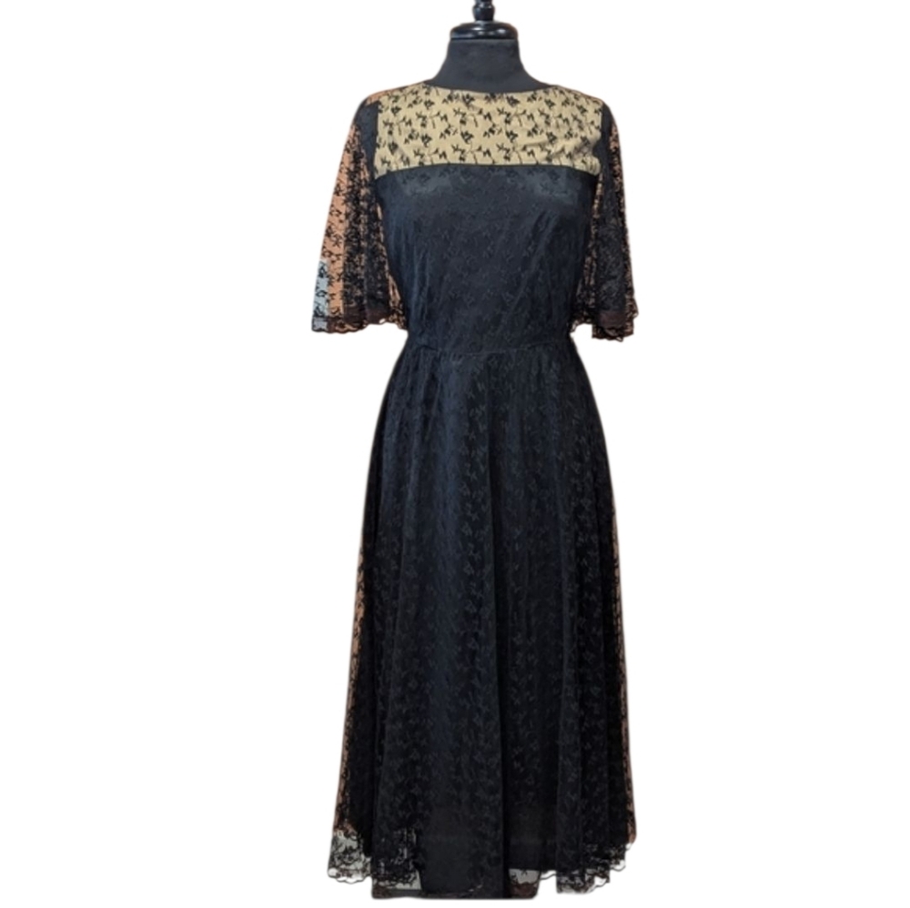 Vintage 1940s Posh By Jay Anderson Small? Black Lace Midi Dress Handmade Couture